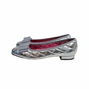 Ferca 81 Silver Quilted Flats with Bow Women's Size 40 Leather Made in Italy